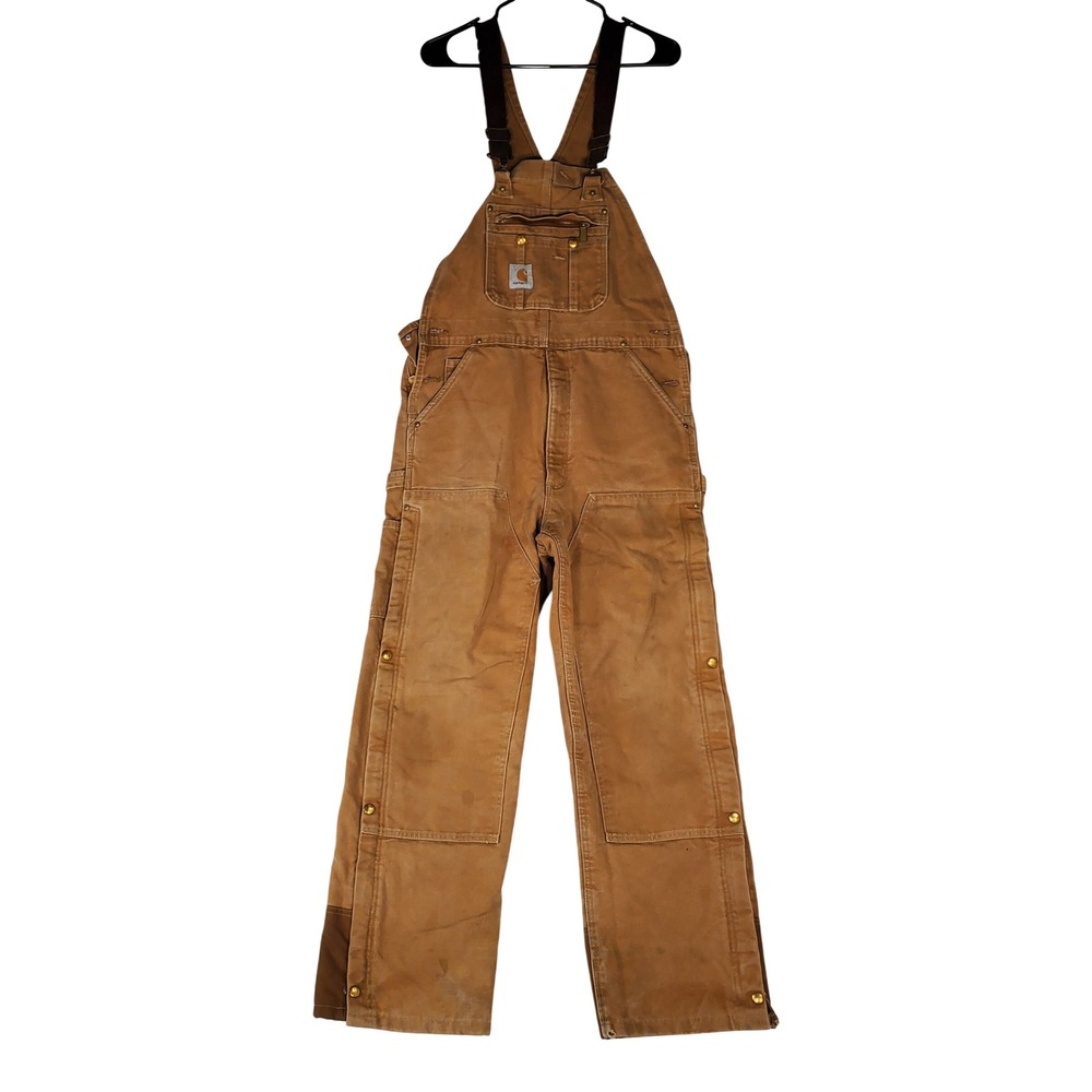 Carhartt Men Brown Duck Quilt Lined Bib Overalls Double Knee Workwear 34x31
